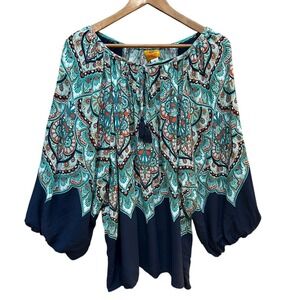 Ruby Rd. Deco Medallion Flutter Sleeve Top Blue Casual Vacation BohoSize 2X